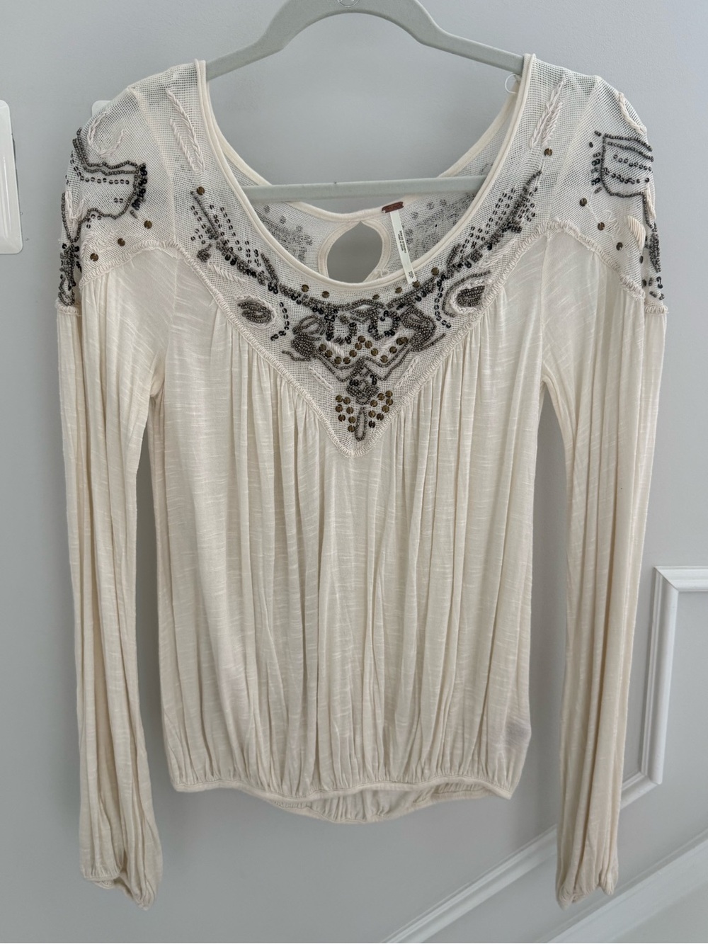 FREE PEOPLE Cream Beaded Embellished Long Sleeve Top